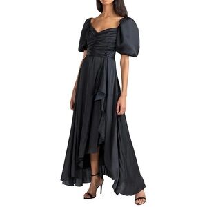 Shoshanna Black Asymmetrical High-Low Gown with Puff Sleeves